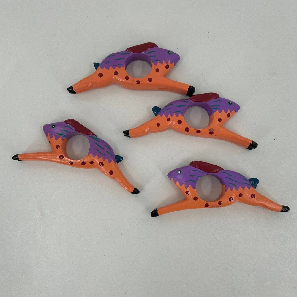 Vintage Wooden Napkin Rings Set of 4 Leaping Animal Colorful Hand Painted